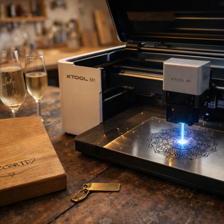 Eine xTool M1 Lasermaschine graviert ein Metall-Mandala neben einem personalisierten Holzbrett und Sektgläsern in der Lazoroid Werkstatt.
