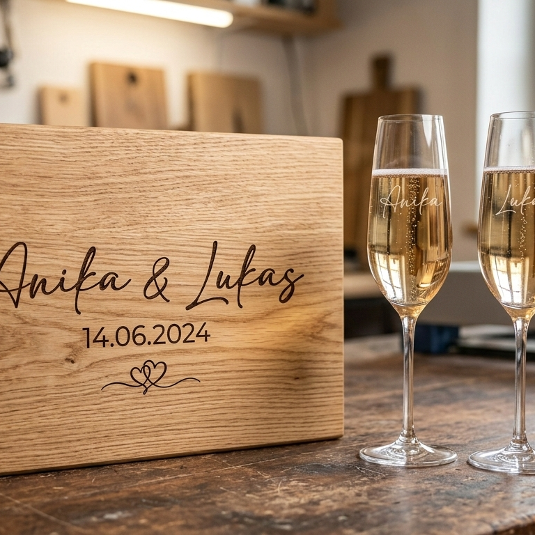 Graviertes Holzbrett und zwei Sektgläser mit Personalisierung in einer Werkstatt.